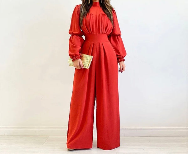 Women Sexy Solid Color Full Sleeve Wide Leg Jumpsuit