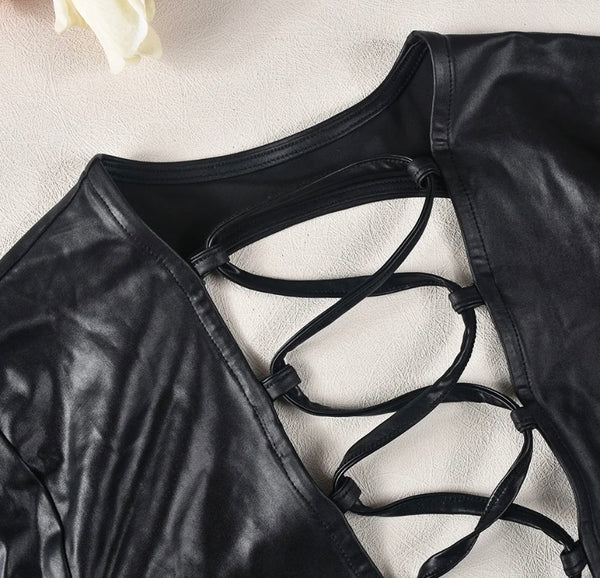 Women Sexy Black PU Full Sleeve Side Slit Maxi Dress