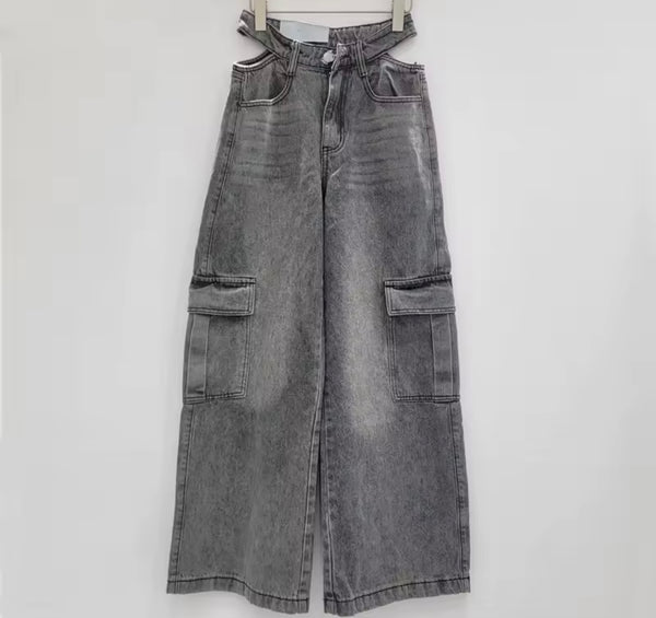 Women Fashion Cut Out Wide Leg Cargo Denim Pants