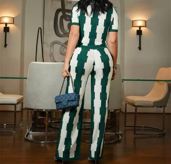 Women Short Sleeve Color Patchwork Striped Two Piece Pant Set