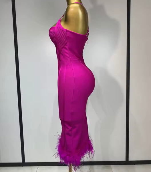 Women Pink Halter Sleeveless Sexy Feather Bandage Dress