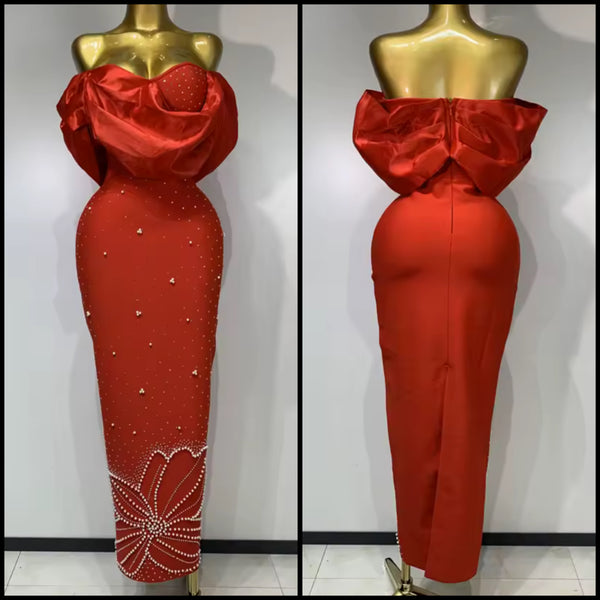 Women Red Sexy Strapless Pearl Rhinestone Maxi Dress