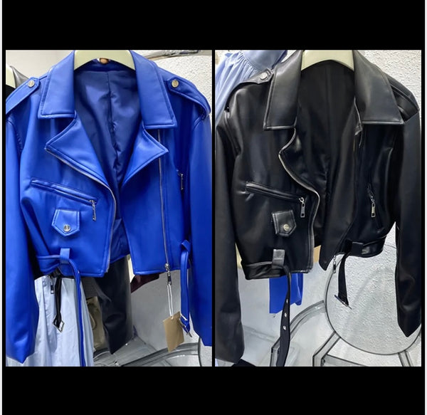 Women Color Fashion Faux Leather Zip Up Jacket