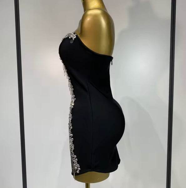Women Black Sexy Strapless Rhinestone Tassel Dress