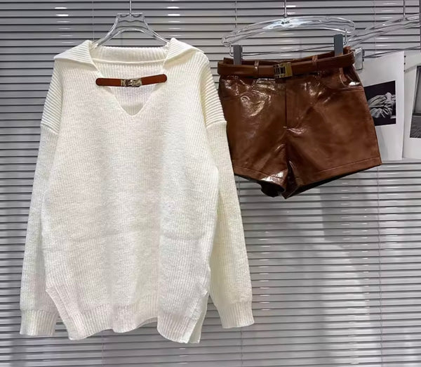 Women Fashion Buckled Sweater Two Piece Faux Leather Short Set