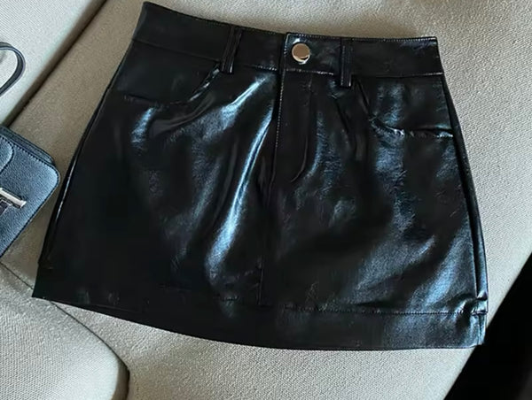 Women Sexy Fashion Color Faux Leather Skirt