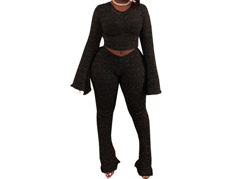 Women Sexy Solid Color Full Sleeve Two Piece Pant Set