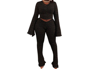 Women Sexy Solid Color Full Sleeve Two Piece Pant Set