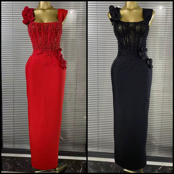 Women Sexy Sleeveless Beaded Floral Maxi Dress