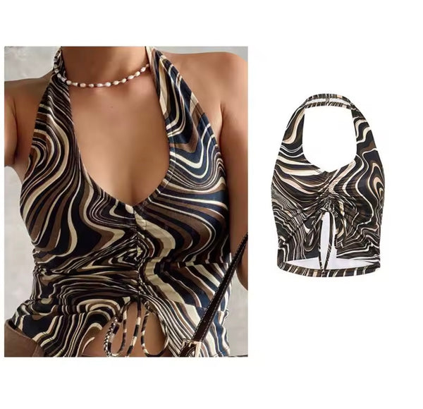 Women Sexy Multicolored Print Halter Sleeveless Crop Top