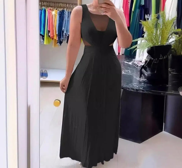 Women Sexy Solid Color Mesh Patchwork Sleeveless Maxi Dress