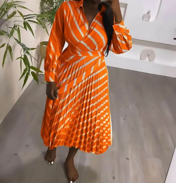 Women Full Sleeve Striped Pleated Maxi Dress