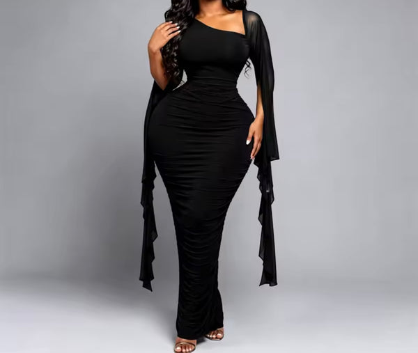 Women Sexy Flare Sleeve Ruched Maxi Dress