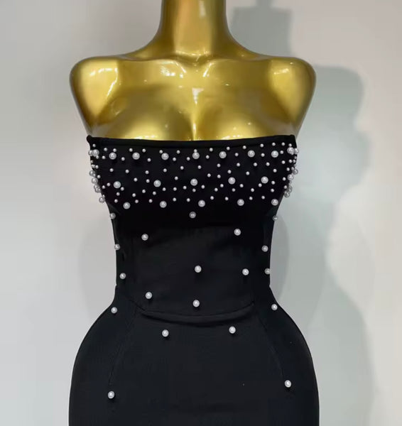 Women Sexy Strapless Beaded Rhinestone Tassel Dress