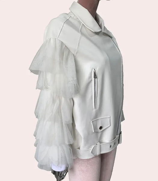 Women White Fashion Ruffled Faux Leather Jacket