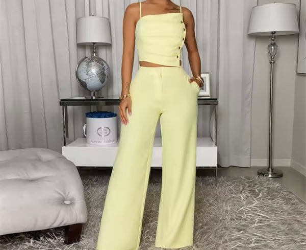 Women Color Button Up Sleeveless Two Piece Pant Set