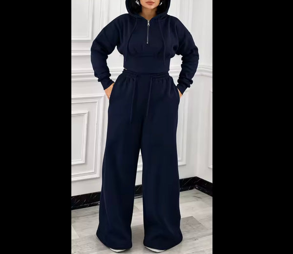Women Hooded Open Lace Up Back Two Piece Pant Set