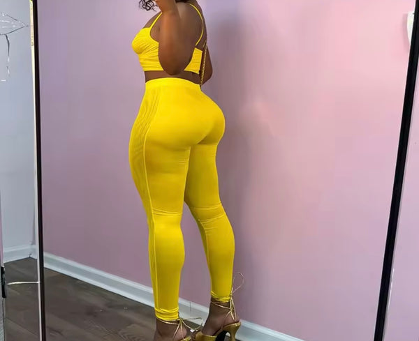 Women Yellow Sleeveless Sexy Mesh Two Piece Pant Set