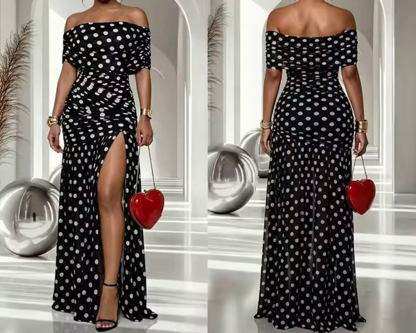 Women Polka Dot Off The Shoulder Front Split Maxi Dress