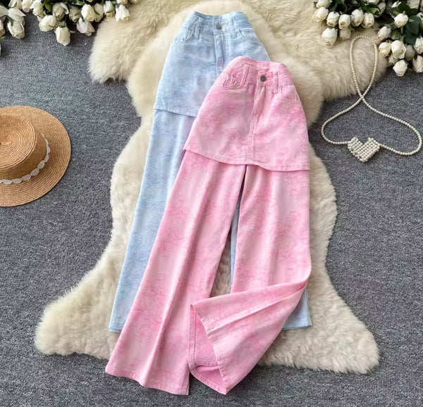 Women Fashion Color Floral Print Denim Wrap Pants