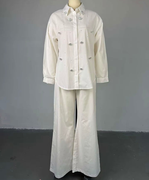 Women Button Up Full Sleeve Beaded Bling Two Piece Pant Set