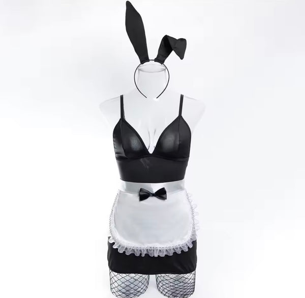 Women Sexy B&W Bunny Ears Headband Lingerie Set