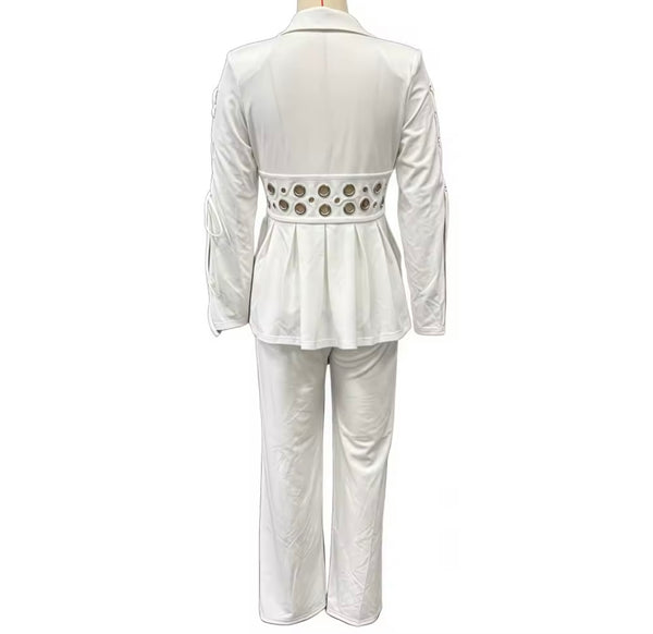 Women Full Sleeve Metal Hollow Out Blazer Two Piece Pant Set