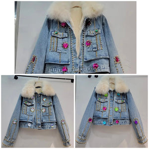 Women Fashion Faux Fur Patchwork Denim Color Crystal Jacket