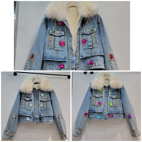 Women Fashion Faux Fur Patchwork Denim Color Crystal Jacket