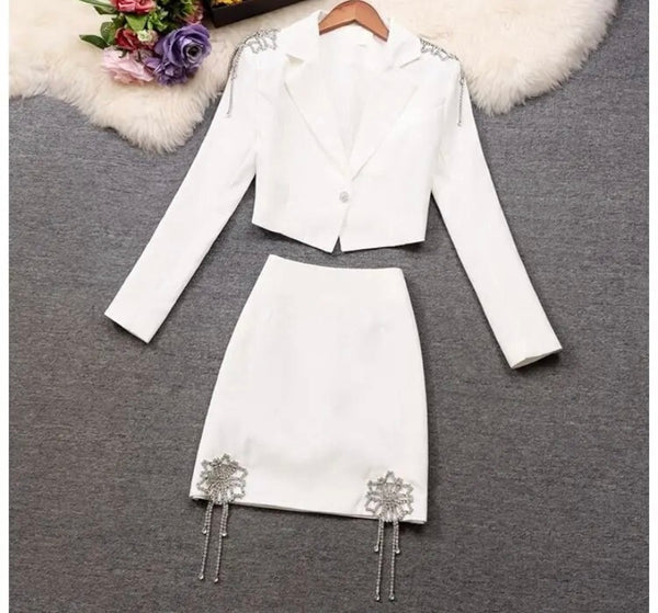 Women Sexy Full Sleeve Rhinestone Bling Two Piece Blazer Skirt Set