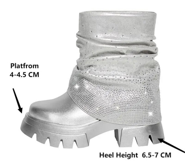 Women Silver Fashion Bling Ruched Ankle Boots