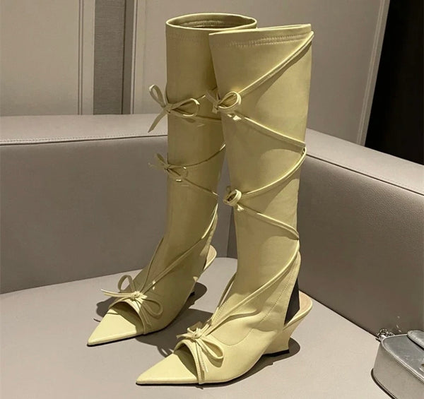 Women Pointed Open Toe Bow Faux Leather Knee High Fashion Boots