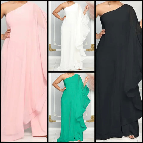 Women Sexy One Shoulder Ruffled Asymmetrical Mesh Two Piece Pant Set