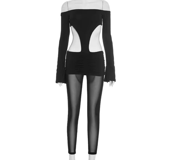 Women Sexy Off The Shoulder Full Sleeve Cut Out Mesh Jumpsuit