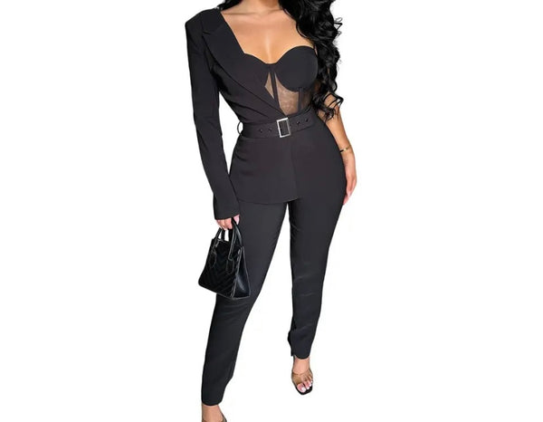 Women Sexy One Shoulder Full Sleeve Mesh Patchwork Blazer Jumpsuit