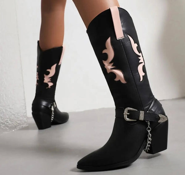Women Fashion Faux Leather Color Patchwork Chain Western Boots