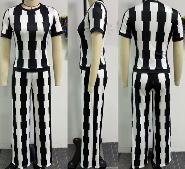 Women Short Sleeve Color Patchwork Striped Two Piece Pant Set