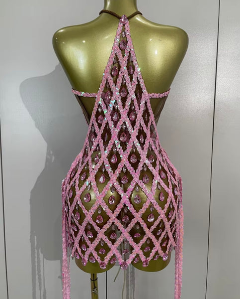 Women Halter Corset Sequins Crystal Tassel Two Piece Dress Set