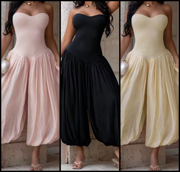 Women Strapless Fashion Pleated Jumpsuit