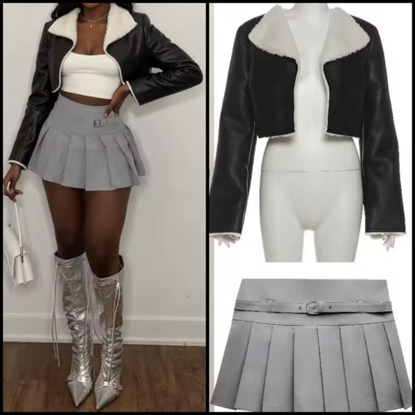Women Fashion Faux Leather Jacket Two Piece Pleated Skirt Set