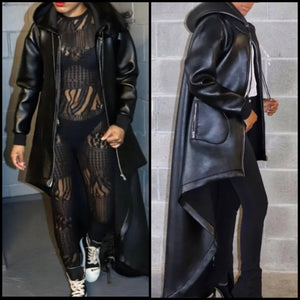 Women Black Fashion Faux Leather Hooded Asymmetrical Jacket