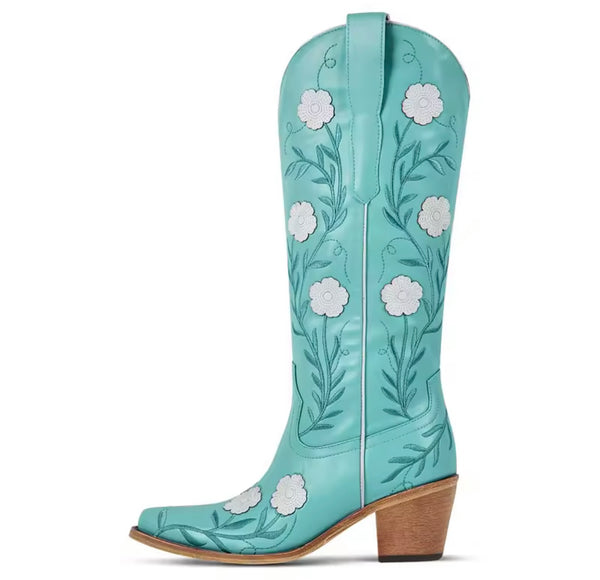 Women Fashion Color Floral Print Knee High Western Boots