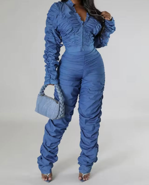 Women Fashion Ruched Zip Up Full Sleeve Two Piece Blue Pant Set