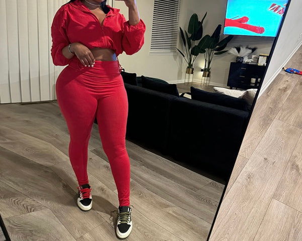 Women Fashion Solid Color Zip Up Full Sleeve Crop Two Piece Pant Set