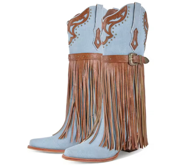 Women Buckled Fringe Tassel Fashion Knee High Western Boots