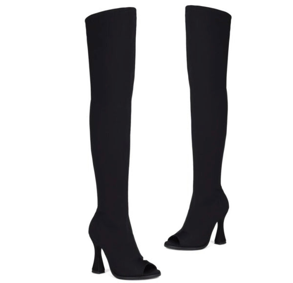 Women Black Open Toe Over The Knee Fashion Boots