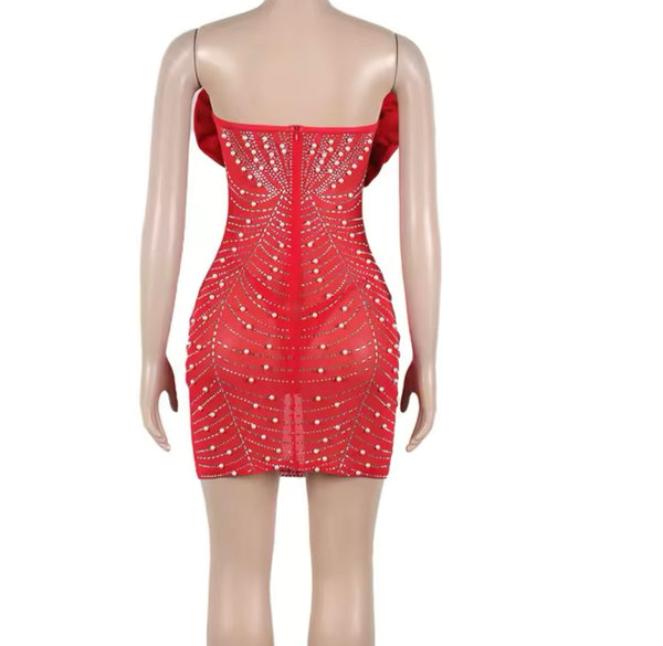 Women Sexy Strapless Red Beaded Mesh Dress