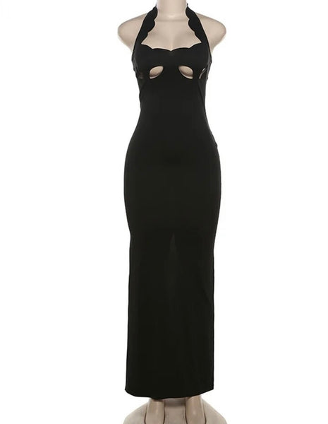 Women Black Sexy Cut Out Halter Sleeveless Maxi Dress