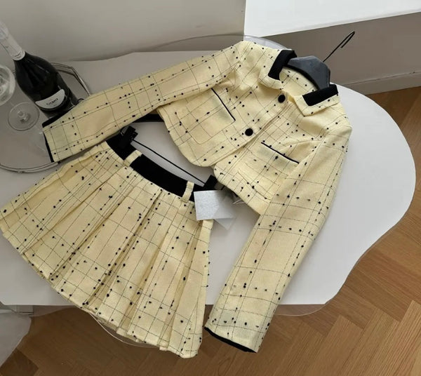 Women Button Up Full Sleeve Two Piece Pleated Skirt Set