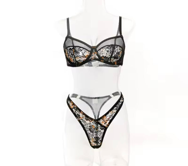 Women Sexy Black Printed Mesh Lingerie Set